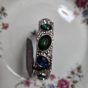 Elegant Silver Bracelet with Green and Blue Stones
